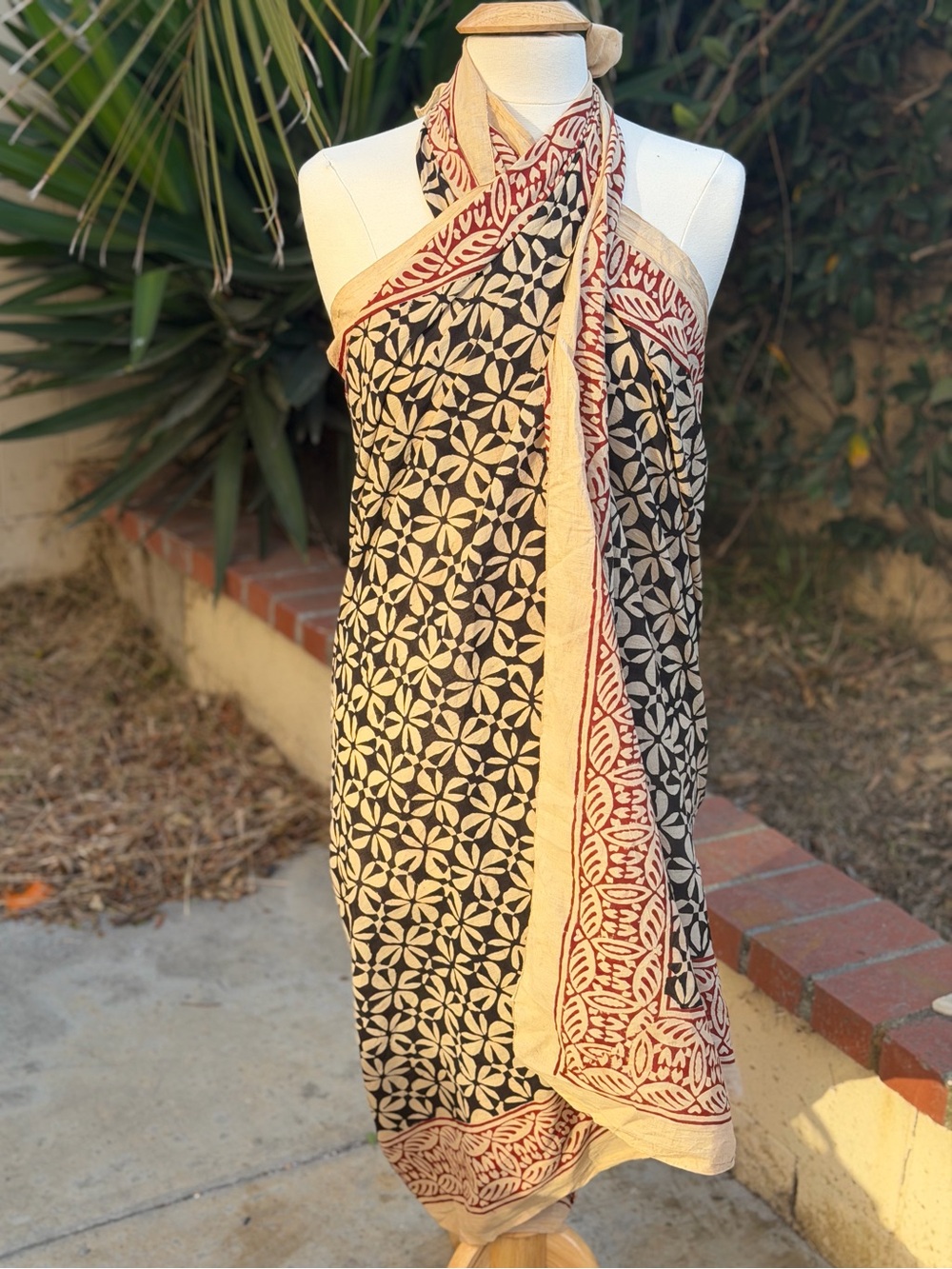 Handblocked Floral Print Cotton Scarf Wrap in Black, Cream & Red